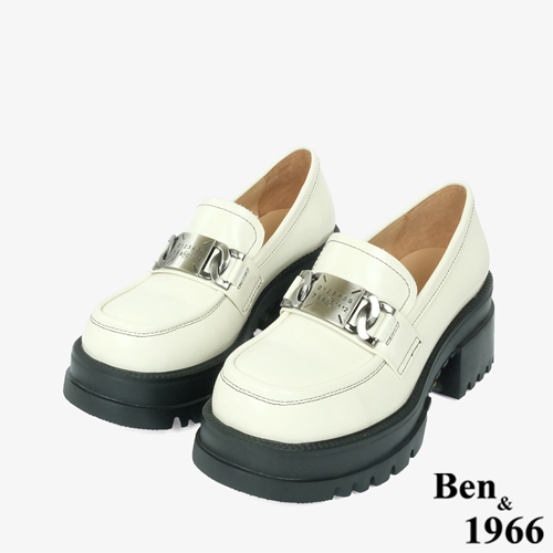 Ben&1966高級頭層牛油皮個性金屬釦厚底樂福鞋-米白(246162)