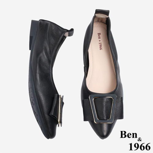Ben&1966顯瘦-3kg內增高超軟Q羊皮質感尖頭平底鞋-黑(246121)