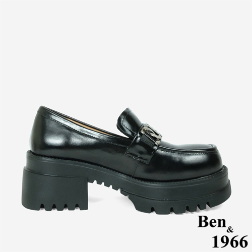 Ben&1966高級頭層牛油皮個性金屬釦厚底樂福鞋-黑(246161)