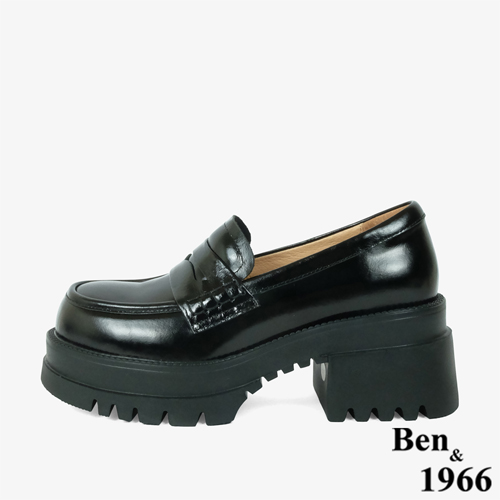 Ben&1966高級頭層牛油皮素面厚底樂福鞋-黑(246171)