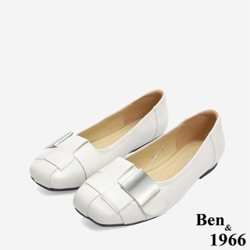 Ben&1966高級編織羊皮大方設計感方頭包鞋-米白(246132)