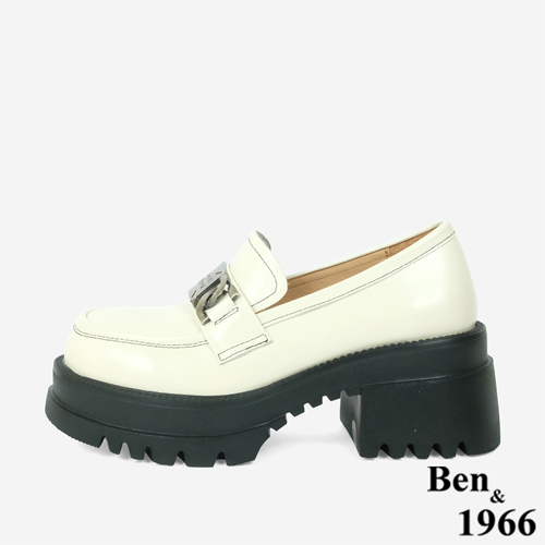 Ben&1966高級頭層牛油皮個性金屬釦厚底樂福鞋-米白(246162)