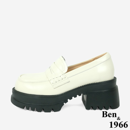 Ben&1966高級頭層牛油皮素面厚底樂福鞋-米白(246172)