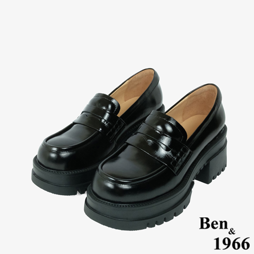 Ben&1966高級頭層牛油皮素面厚底樂福鞋-黑(246171)