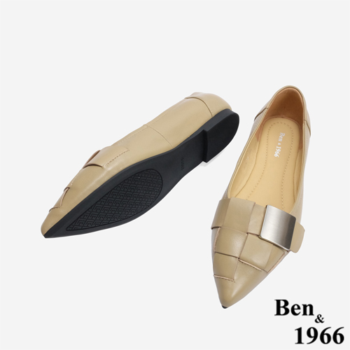 Ben&1966高級編織羊皮大方設計感尖頭包鞋- 杏(246142)