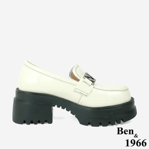 Ben&1966高級頭層牛油皮個性金屬釦厚底樂福鞋-米白(246162)