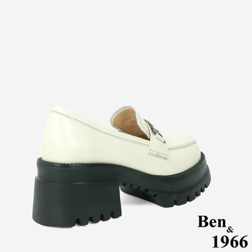 Ben&1966高級頭層牛油皮個性金屬釦厚底樂福鞋-米白(246162)
