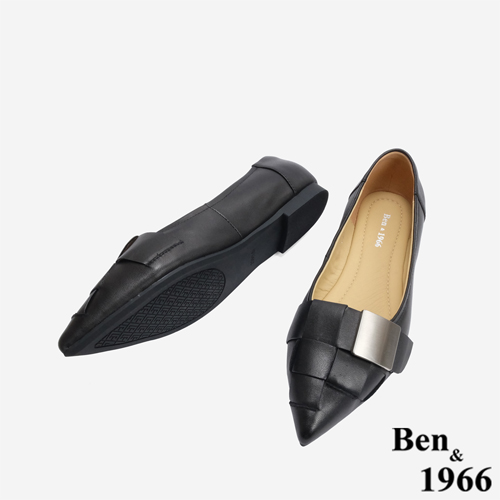Ben&1966高級編織羊皮大方設計感尖頭包鞋-黑(246141)