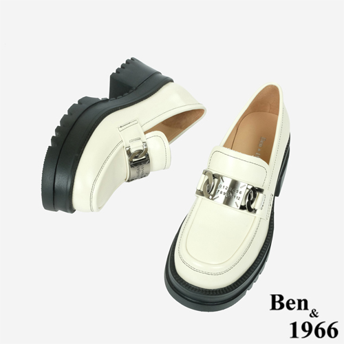 Ben&1966高級頭層牛油皮個性金屬釦厚底樂福鞋-米白(246162)