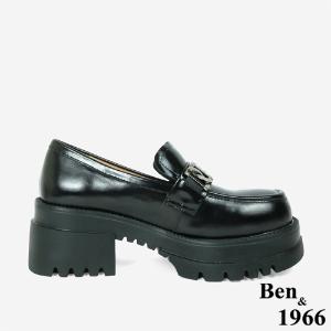 Ben&1966高級頭層牛油皮個性金屬釦厚底樂福鞋-黑(246161)