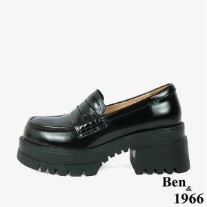 Ben&1966高級頭層牛油皮素面厚底樂福鞋-黑(246171)