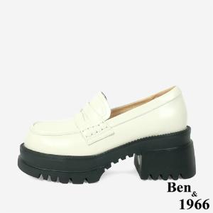 Ben&1966高級頭層牛油皮素面厚底樂福鞋-米白(246172)