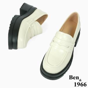 Ben&1966高級頭層牛油皮素面厚底樂福鞋-米白(246172)