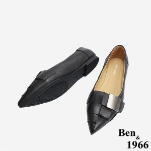 Ben&1966高級編織羊皮大方設計感尖頭包鞋-黑(246141)