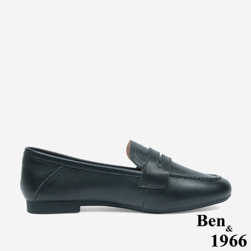 Ben&1966 高級頭層牛皮金屬雙釦舒適樂福鞋-黑(246031)
