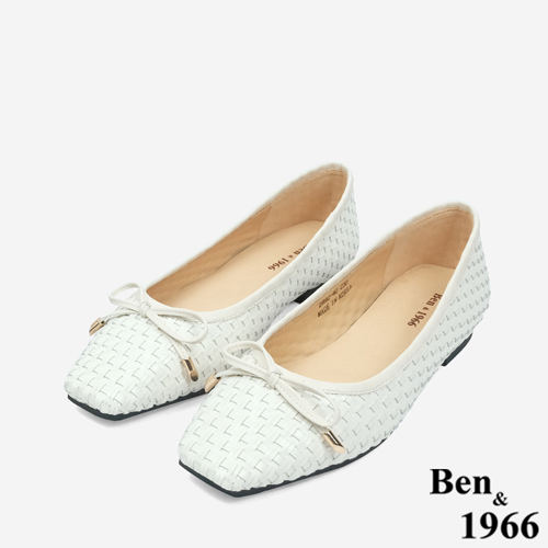 Ben&1966 牛皮編織氣質蝴蝶結方頭包鞋-米白(246092)