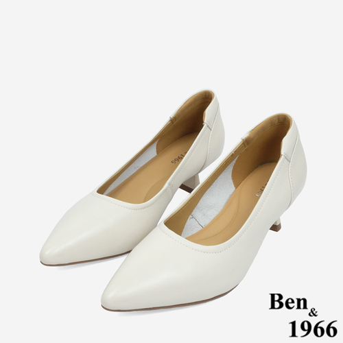 Ben&1966 質感牛皮氣質尖頭跟鞋-米白(246102)