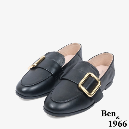 Ben&1966 高級頭層牛皮方釦舒適樂福鞋-黑(246081)