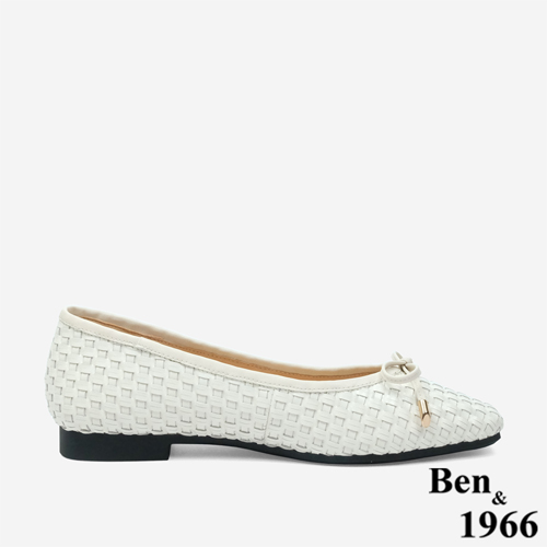 Ben&1966 牛皮編織氣質蝴蝶結方頭包鞋-米白(246092)