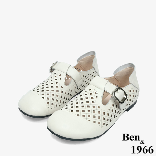 Ben&1966 高級頭層牛皮沖孔舒適樂福鞋-米白(246072)