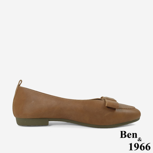 Ben&1966 打蠟牛皮文藝感蝴蝶結尖頭柔軟包鞋-太妃糖棕(246061)