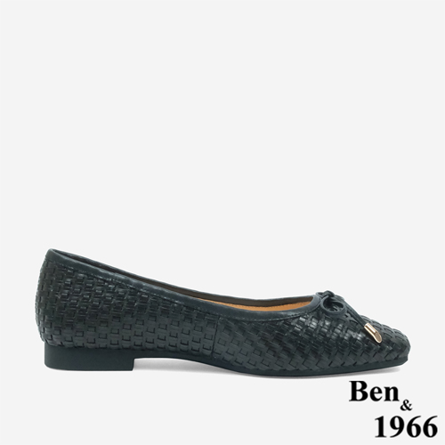 Ben&1966 牛皮編織氣質蝴蝶結方頭包鞋-黑(246091)