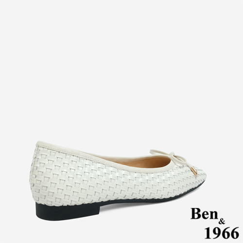 Ben&1966 牛皮編織氣質蝴蝶結方頭包鞋-米白(246092)