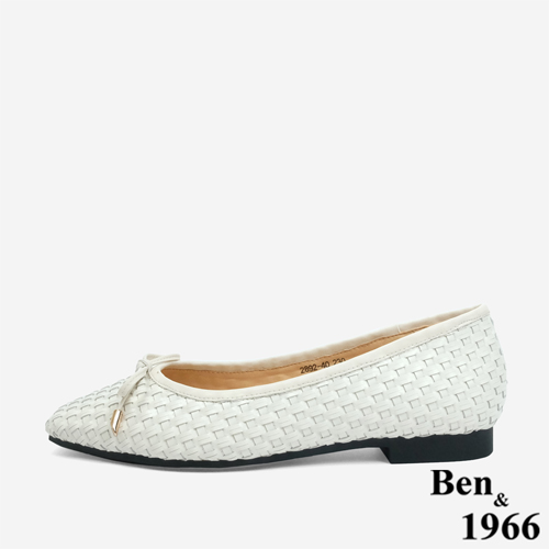 Ben&1966 牛皮編織氣質蝴蝶結方頭包鞋-米白(246092)
