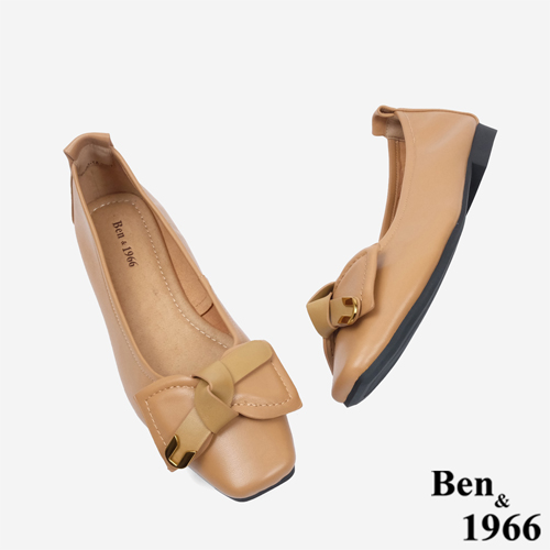 Ben&1966 高級羊皮簡約大方蝴蝶結方頭包鞋-太妃糖棕(246112)