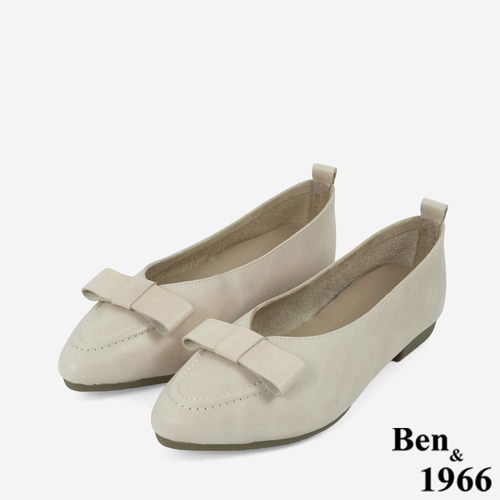 Ben&1966 打蠟牛皮文藝感蝴蝶結尖頭柔軟包鞋-杏(246062)