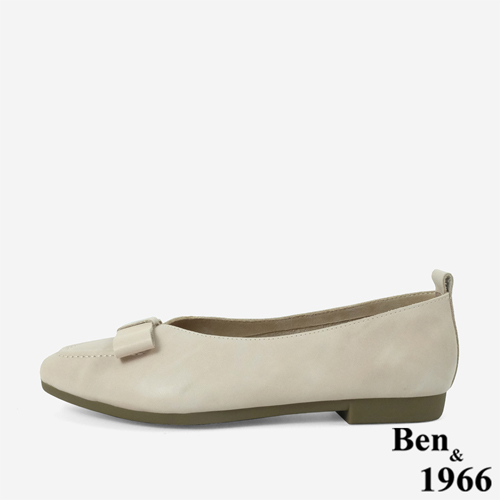 Ben&1966 打蠟牛皮文藝感蝴蝶結尖頭柔軟包鞋-杏(246062)