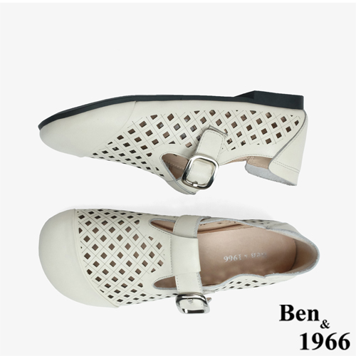Ben&1966 高級頭層牛皮沖孔舒適樂福鞋-米白(246072)