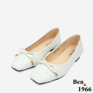 Ben&1966 牛皮編織氣質蝴蝶結方頭包鞋-米白(246092)