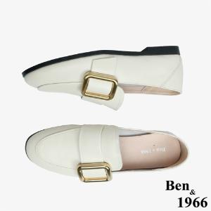 Ben&1966 高級頭層牛皮方釦舒適樂福鞋-米白(246082)