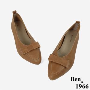 Ben&1966 打蠟牛皮文藝感蝴蝶結尖頭柔軟包鞋-太妃糖棕(246061)