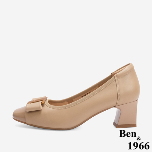 Ben&1966 柔軟羊皮氣質金屬釦方頭跟鞋-杏(246222)