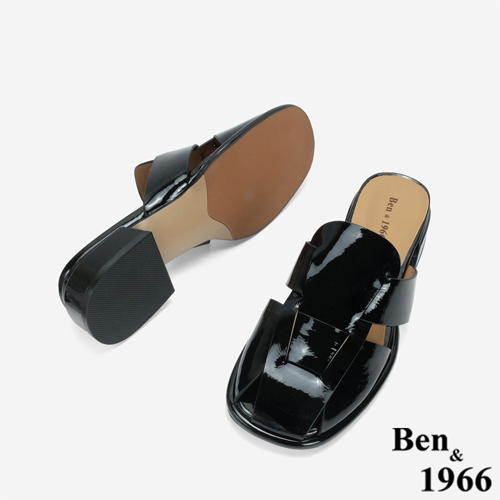 Ben&1966 高級牛漆皮寬帶編織感涼拖鞋-黑(246211)