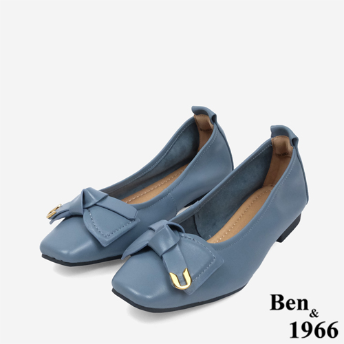 Ben&1966 高級羊皮簡約大方蝴蝶結方頭包鞋-灰藍(246113)
