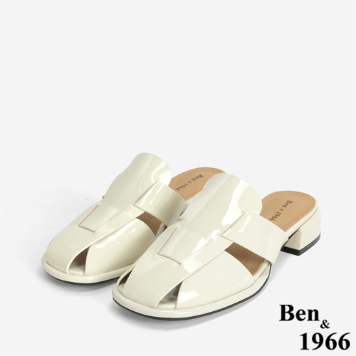 Ben&1966 高級牛漆皮寬帶編織感涼拖鞋-米白(246212)