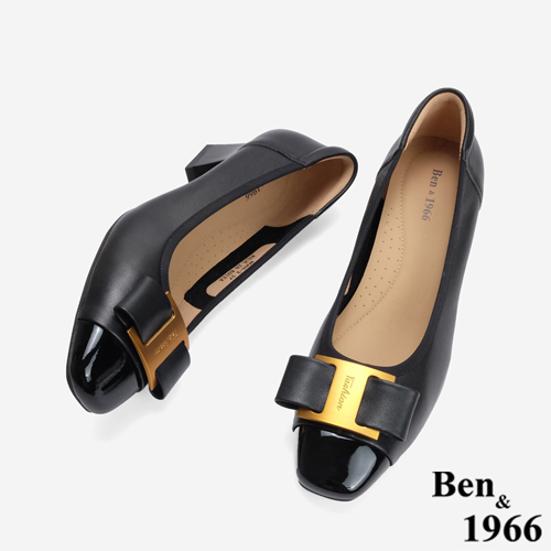 Ben&1966 柔軟羊皮氣質金屬釦方頭跟鞋-黑(246221)
