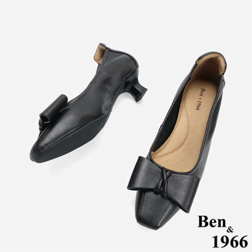 Ben&1966 柔軟羊皮優雅蝴蝶結方頭跟鞋-黑(246151)