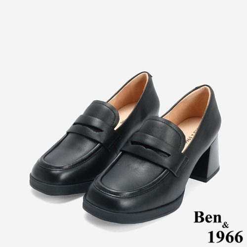 Ben&1966 高級質感羊皮增高防水台高跟樂福鞋-黑(246201)