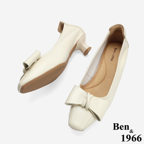 Ben&1966 柔軟羊皮優雅蝴蝶結方頭跟鞋-米白(246153)