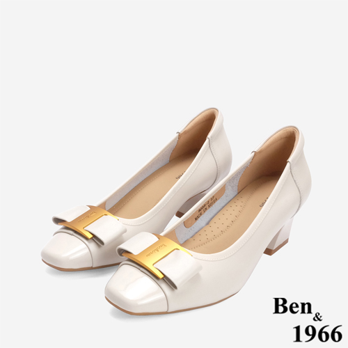 Ben&1966 柔軟羊皮氣質金屬釦方頭跟鞋-米白(246223)