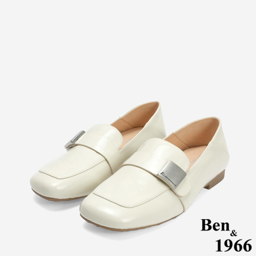 Ben&1966 高級牛油皮個性方頭樂福鞋-米白(246233)