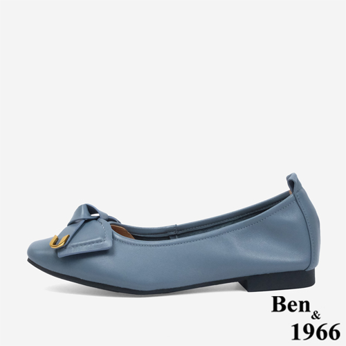 Ben&1966 高級羊皮簡約大方蝴蝶結方頭包鞋-灰藍(246113)