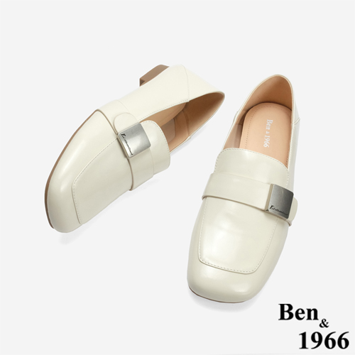 Ben&1966 高級牛油皮個性方頭樂福鞋-米白(246233)