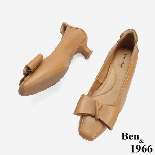 Ben&1966 柔軟羊皮優雅蝴蝶結方頭跟鞋-太妃糖棕(246152)