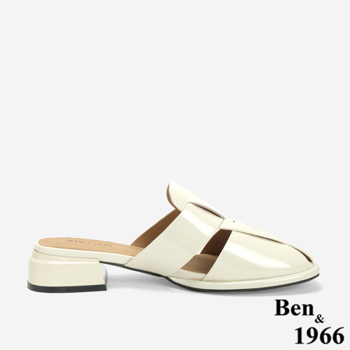 Ben&1966 高級牛漆皮寬帶編織感涼拖鞋-米白(246212)