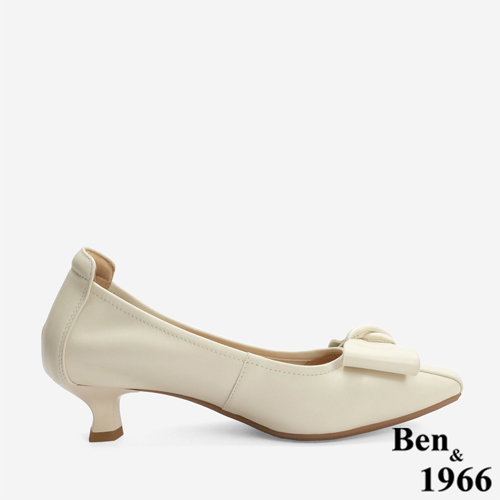 Ben&1966 柔軟羊皮優雅蝴蝶結方頭跟鞋-米白(246153)